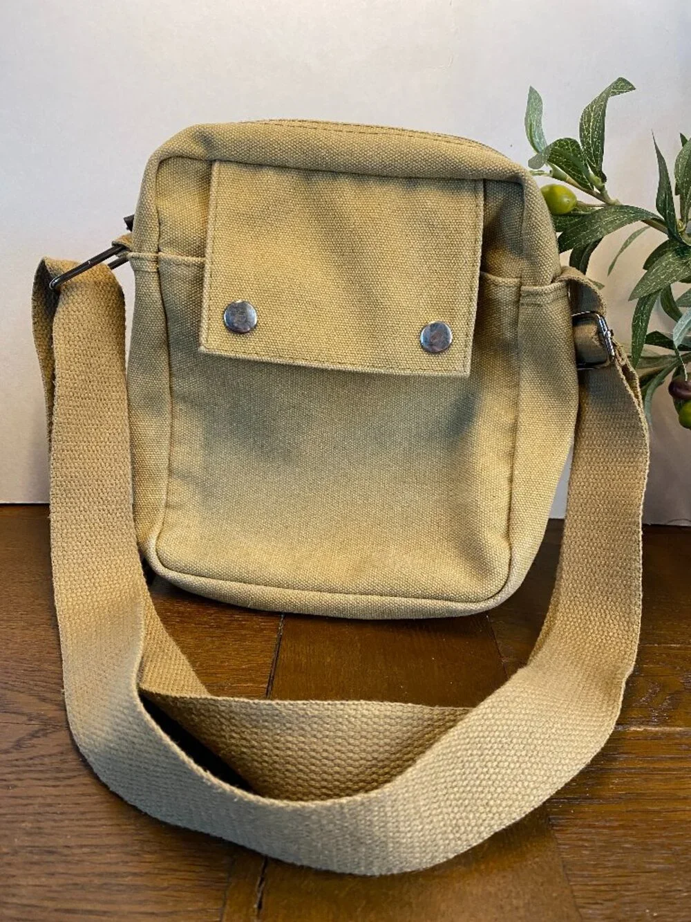 Small Khaki Canvas Messenger Shoulder Travel Bag for Men or Women